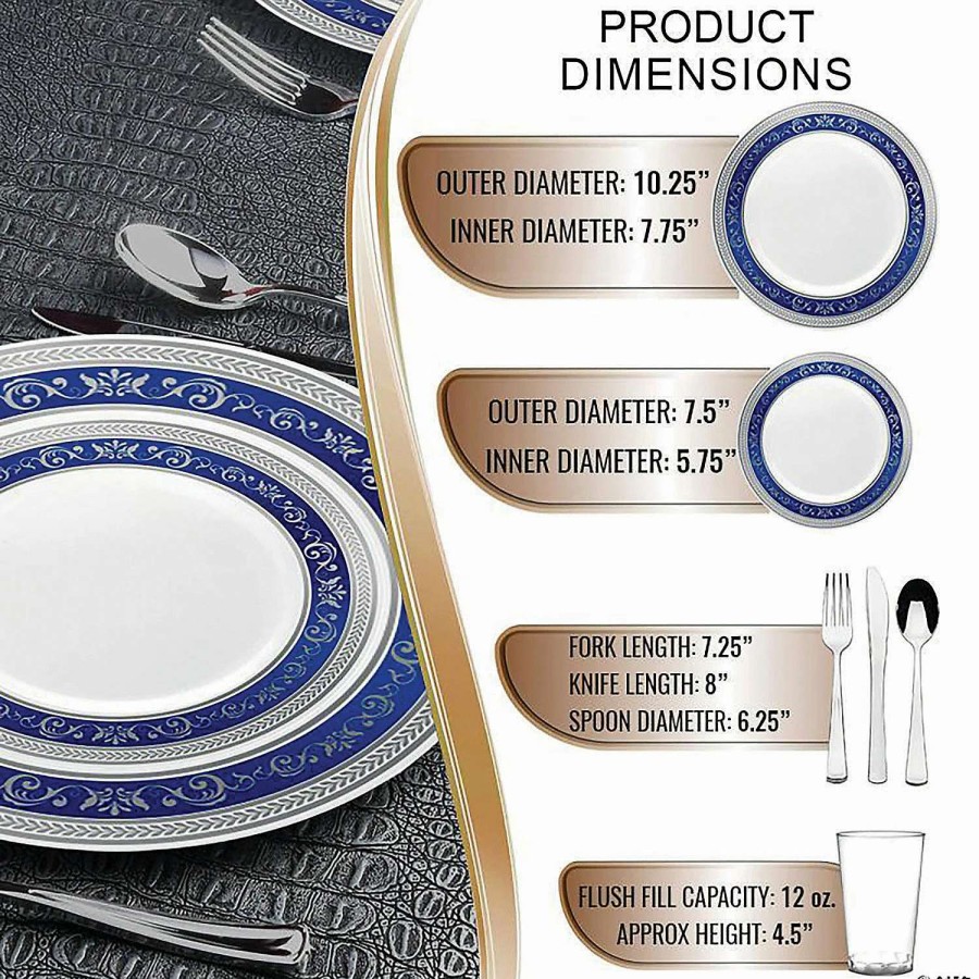 Bowls * | Best Pirce White With Blue And Silver Royal Rim Plastic Dinnerware Value Set (20 Settings)