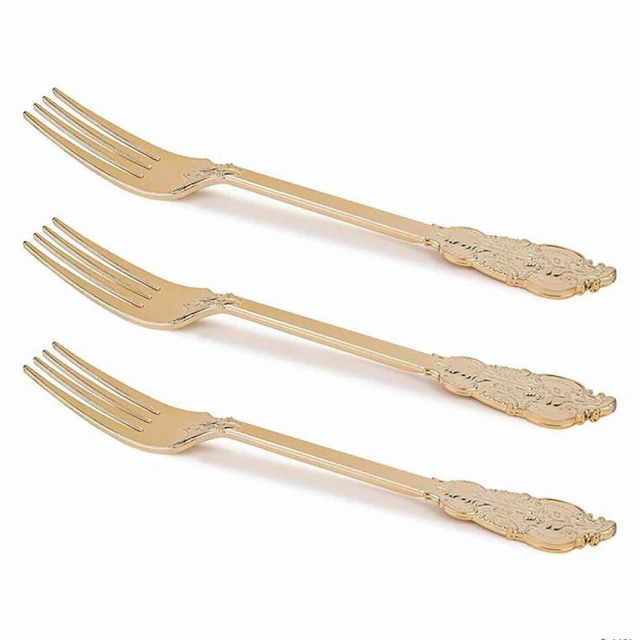 Cutlery * | Best Deal Shiny Baroque Gold Plastic Forks (168 Forks)