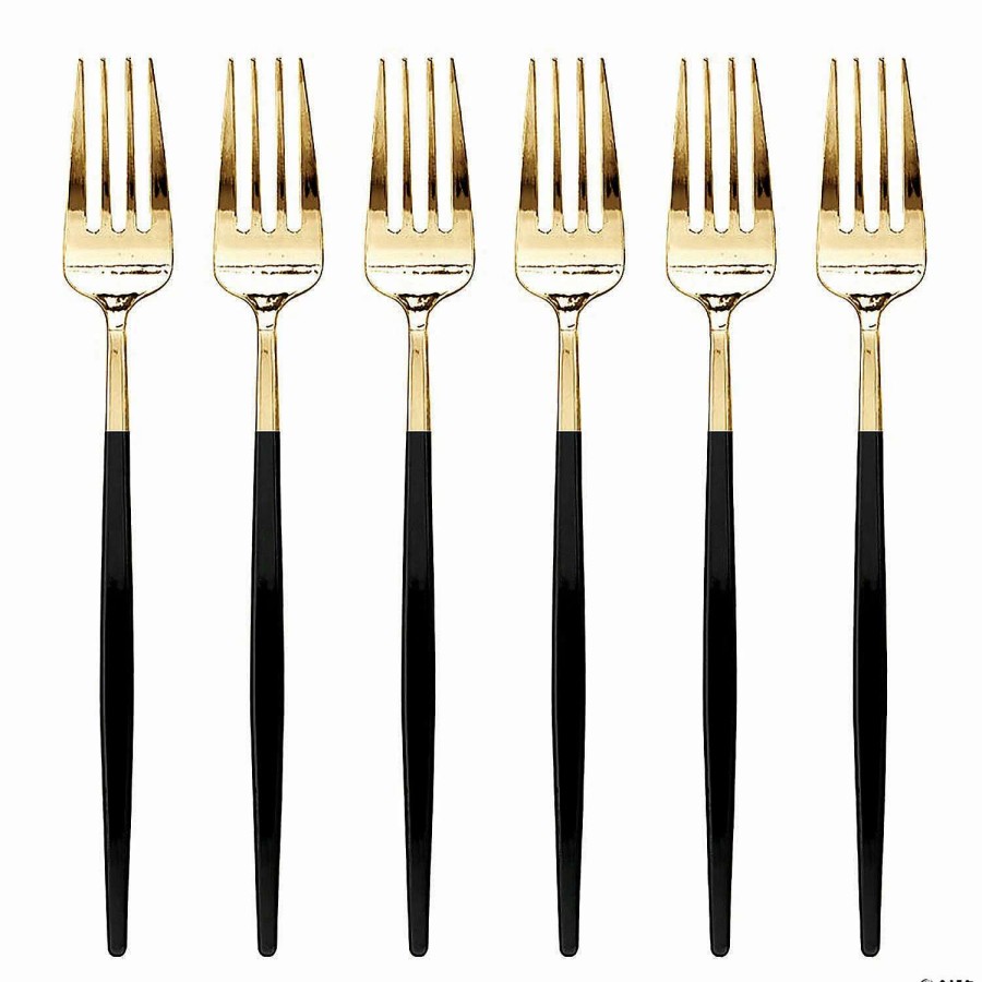 Cutlery * | Best Pirce Gold With Black Handle Moderno Disposable Plastic Dinner Forks (120 Forks)