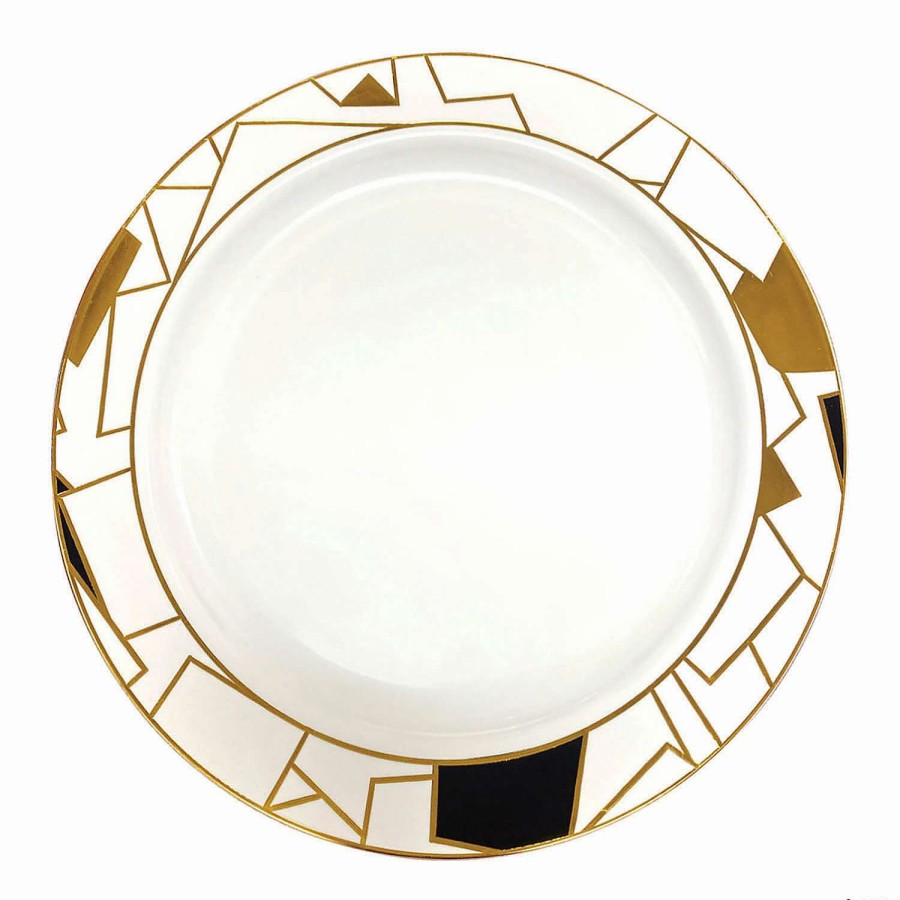 Party Plates * | Cheap 10.25 White With Black And Gold Abstract Squares Pattern Round Disposable Plastic Dinner Plates (40 Plates)