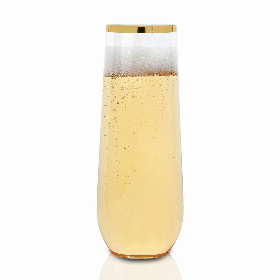 Drinkware * | Hot Sale 9 Oz. Clear With Gold Stemless Plastic Champagne Flutes (32 Glasses)