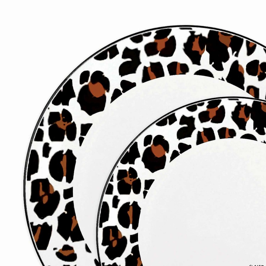 Party Plates * | Best Deal White With Black And Brown Leopard Print Rim Round Disposable Plastic Dinnerware Value Set (40 Dinner Plates + 40 Salad Plates)