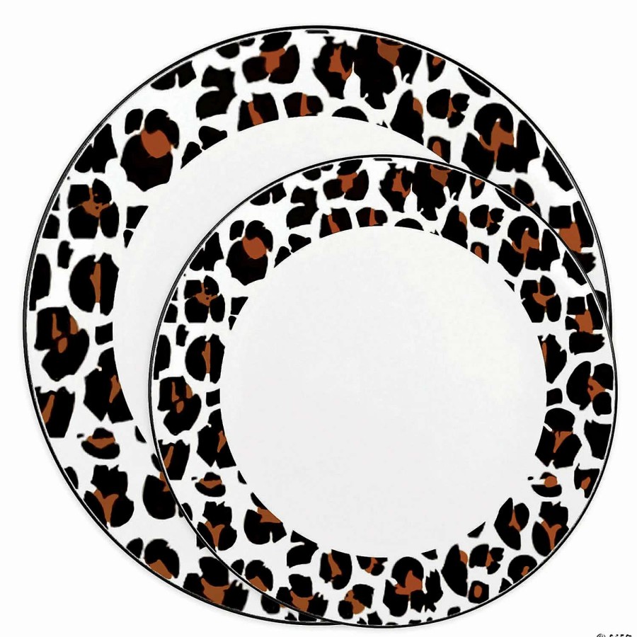 Party Plates * | Best Deal White With Black And Brown Leopard Print Rim Round Disposable Plastic Dinnerware Value Set (40 Dinner Plates + 40 Salad Plates)