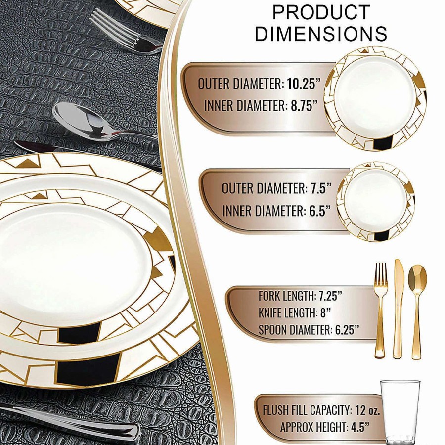 Table Covers * | Budget White With Black And Gold Abstract Squares Pattern Round Disposable Plastic Dinnerware Value Set (120 Settings)