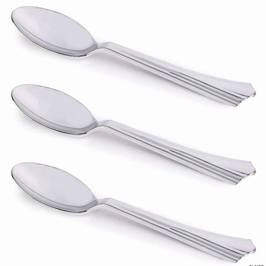 Cutlery * | Wholesale Kaya Collection Shiny Metallic Groove Silver Plastic Spoons (600 Spoons)