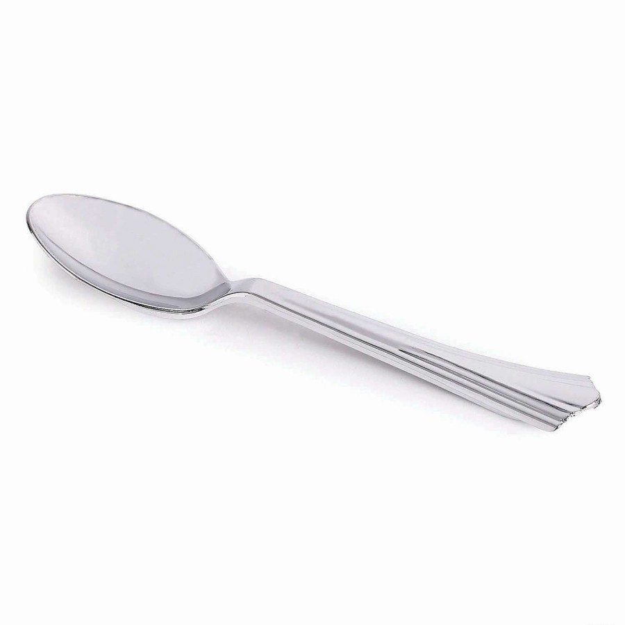 Cutlery * | Wholesale Kaya Collection Shiny Metallic Groove Silver Plastic Spoons (600 Spoons)