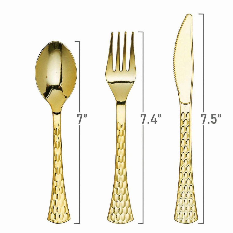 Cutlery * | Budget Shiny Metallic Gold Glamour Plastic Cutlery Set Spoons, Forks And Knives (72 Guests)