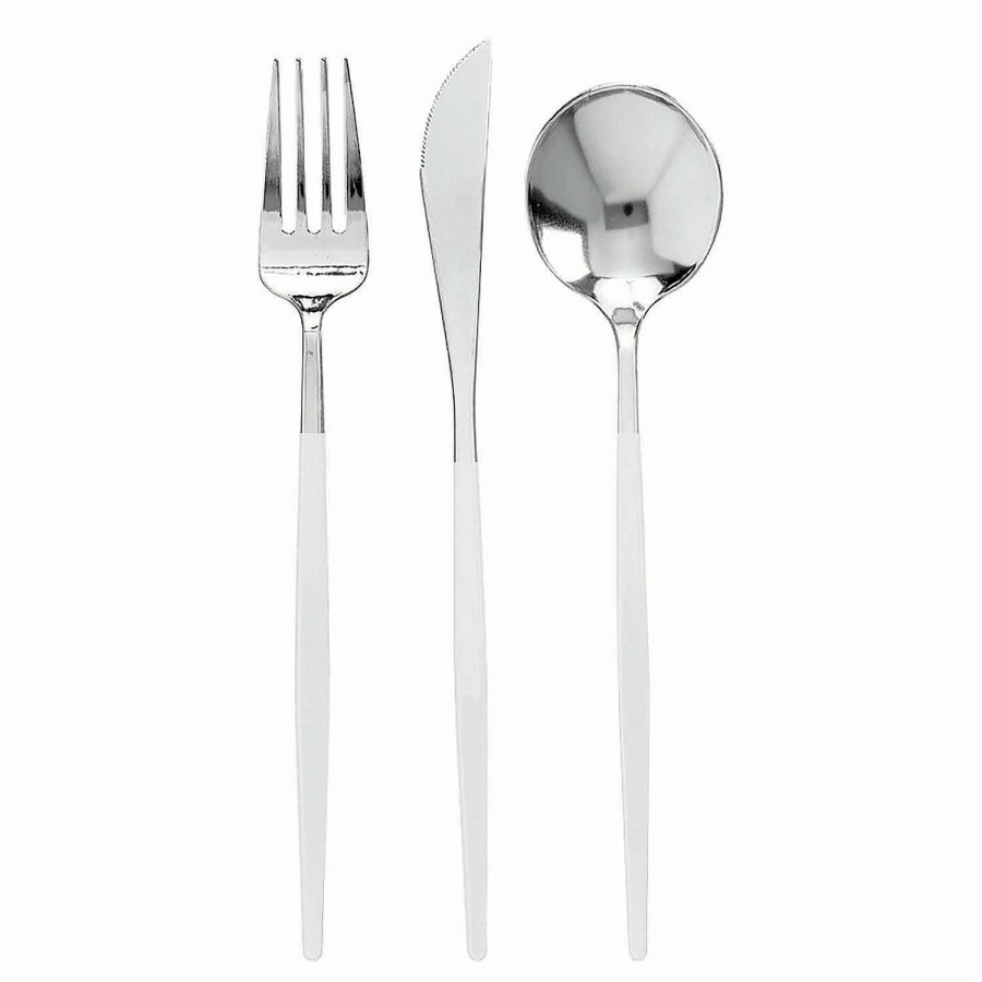 Cutlery * | Top 10 Silver With White Handle Moderno Disposable Plastic Cutlery Set Spoons, Forks And Knives (60 Guests)