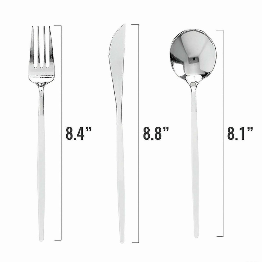 Cutlery * | Top 10 Silver With White Handle Moderno Disposable Plastic Cutlery Set Spoons, Forks And Knives (60 Guests)