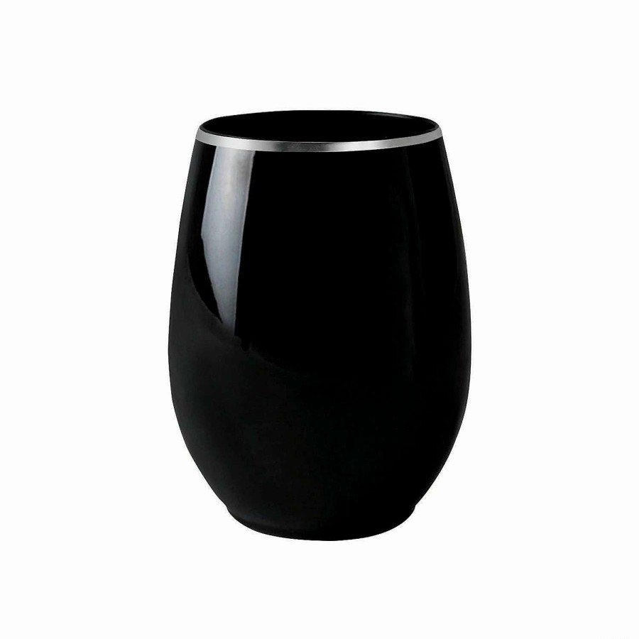 Drinkware * | Budget 12 Oz. Black With Silver Elegant Stemless Plastic Wine Glasses (32 Glasses)