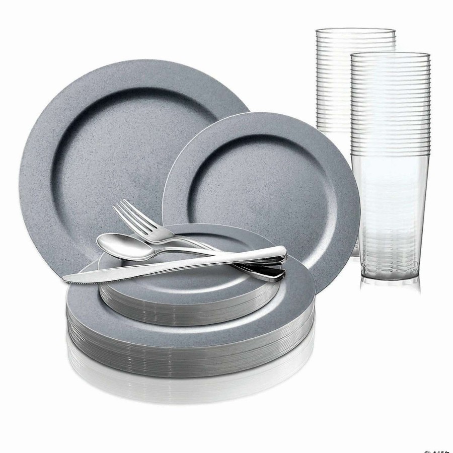 Table Covers * | Coupon Matte Steel Gray Round Disposable Plastic Dinnerware Value Set (60 Settings)