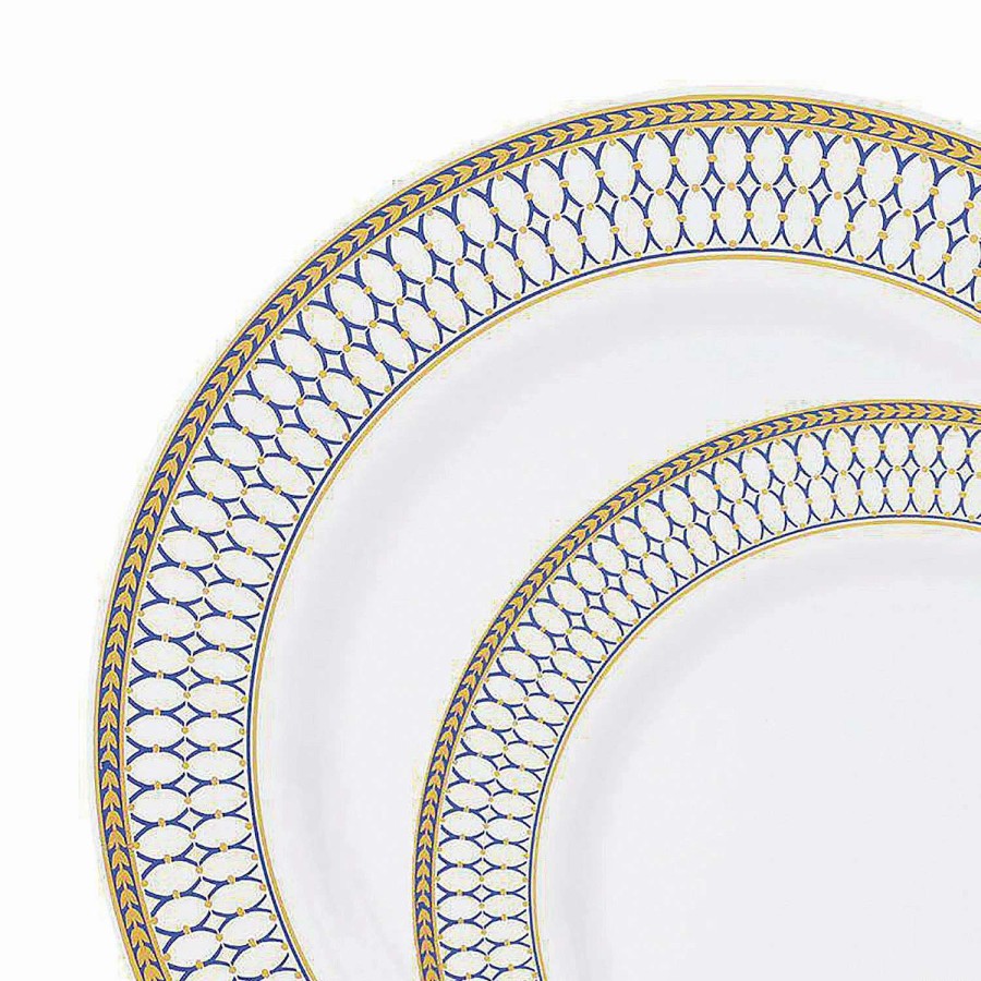 Party Plates * | Best Deal White With Blue And Gold Chord Rim Plastic Dinnerware Value Set (120 Dinner Plates + 120 Salad Plates)