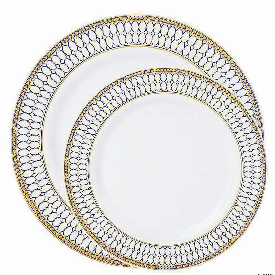 Party Plates * | Best Deal White With Blue And Gold Chord Rim Plastic Dinnerware Value Set (120 Dinner Plates + 120 Salad Plates)