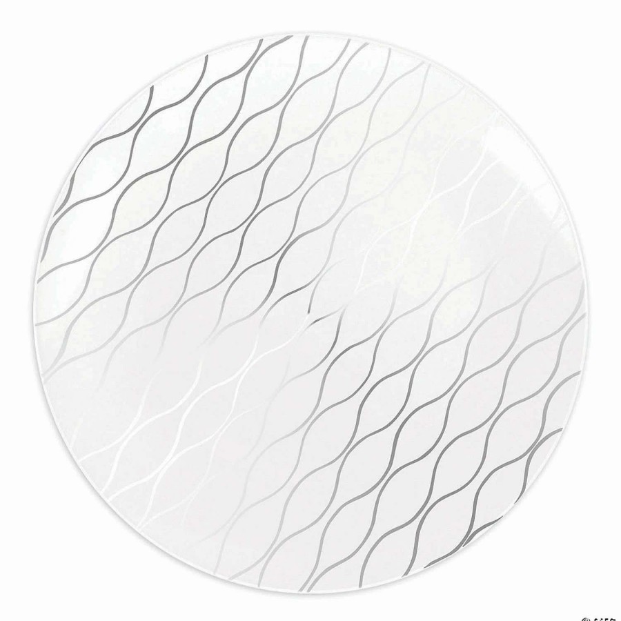 Party Plates * | Brand New Kaya Collection 10.25 White With Silver Waves Design Round Disposable Plastic Dinner Plates (120 Plates)