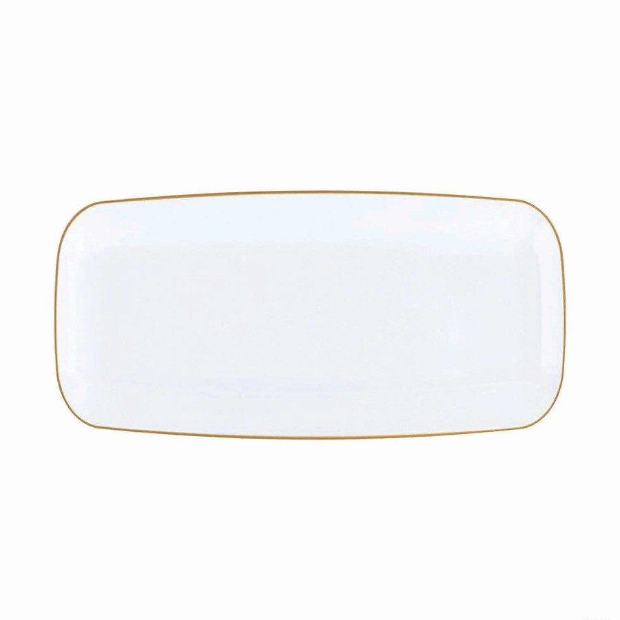 Party Plates * | Cheapest 10.6 X 5 White With Gold Rim Flat Raised Edge Rectangular Disposable Plastic Plates (120 Plates)