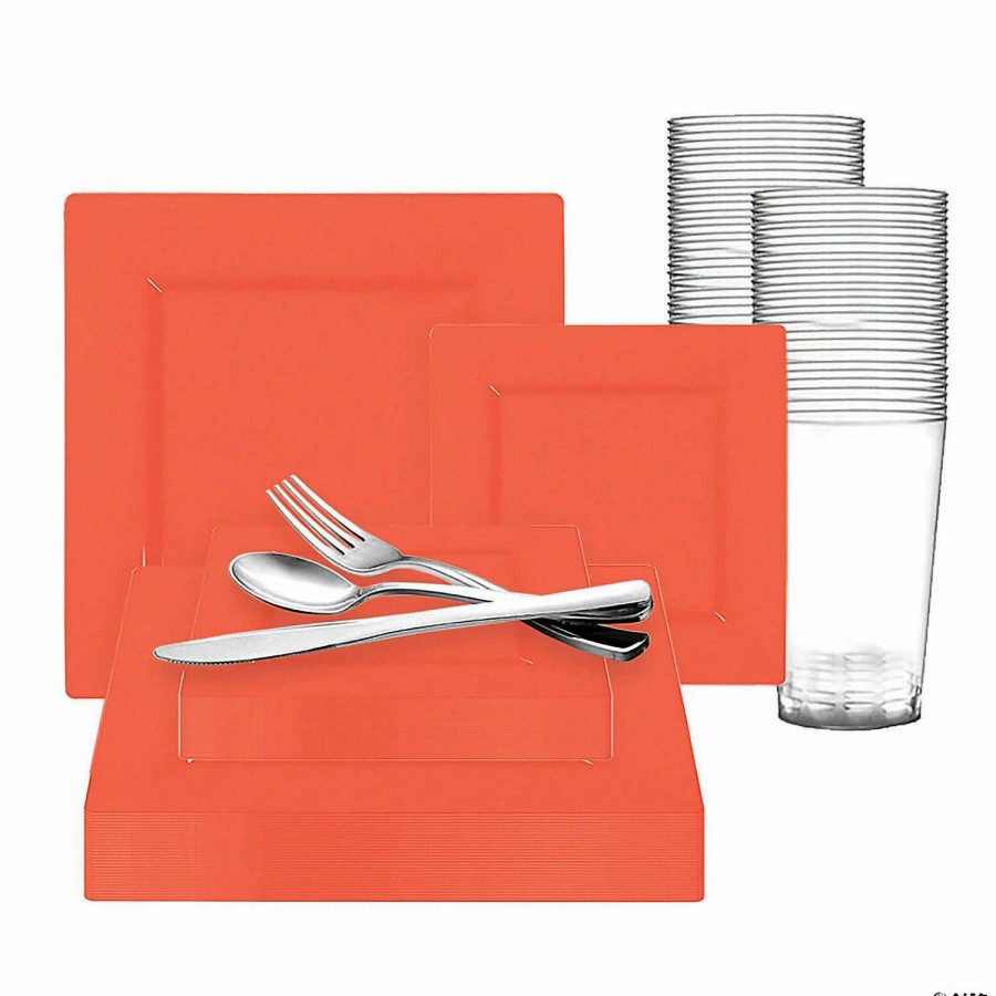 Party Plates * | Discount Tropical Coral Square Disposable Plastic Dinnerware Value Set (20 Settings)