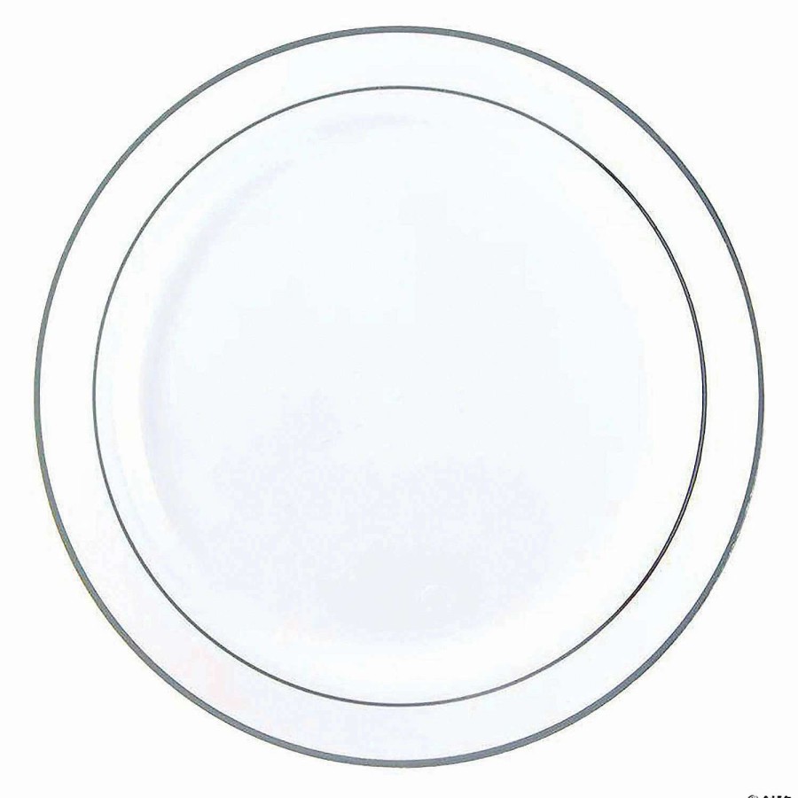 Party Plates * | Budget 10.25 White With Silver Edge Rim Plastic Dinner Plates (50 Plates)