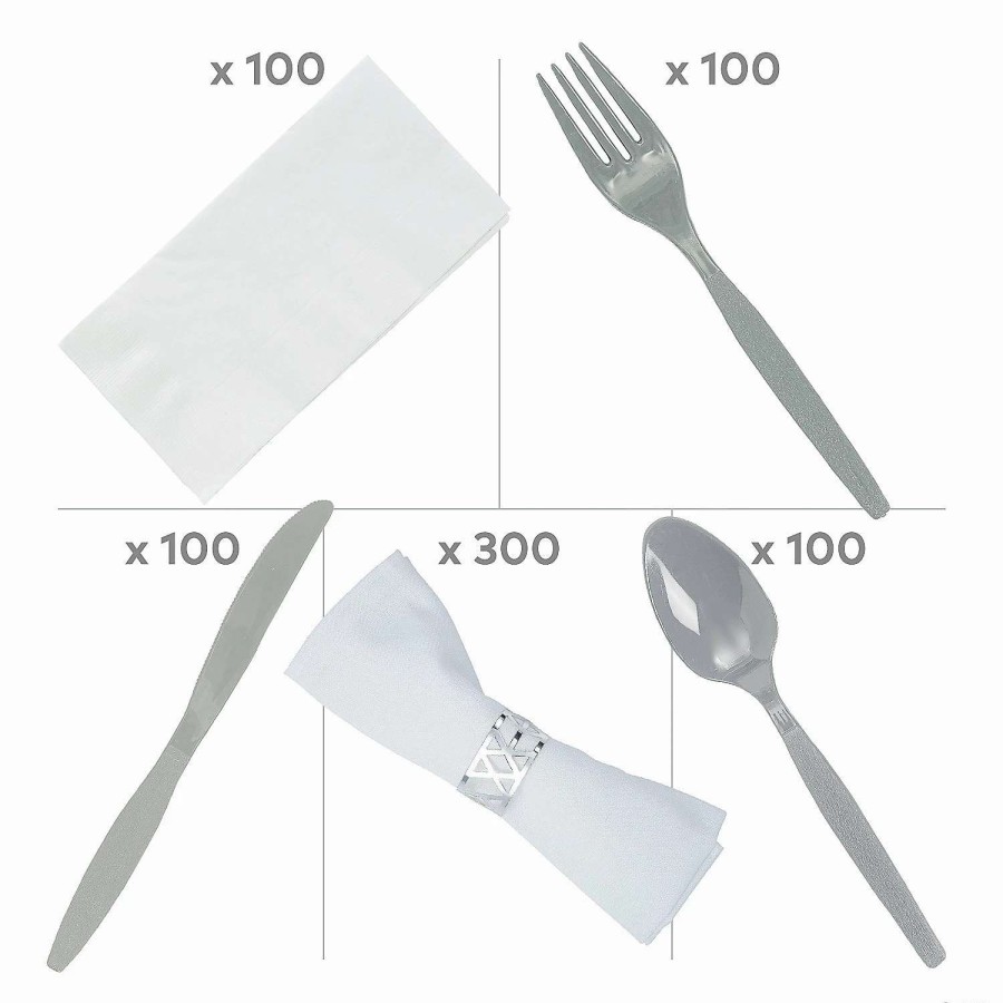 Cutlery * | Flash Sale Metallic Silver Rolled Cutlery Kit For 100 Guests