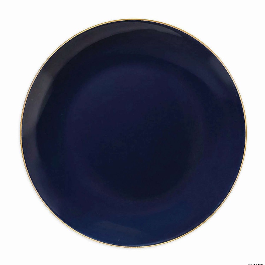 Party Plates * | Brand New Kaya Collection 7.5 Navy With Gold Rim Organic Round Disposable Plastic Appetizer/Salad Plates (120 Plates)