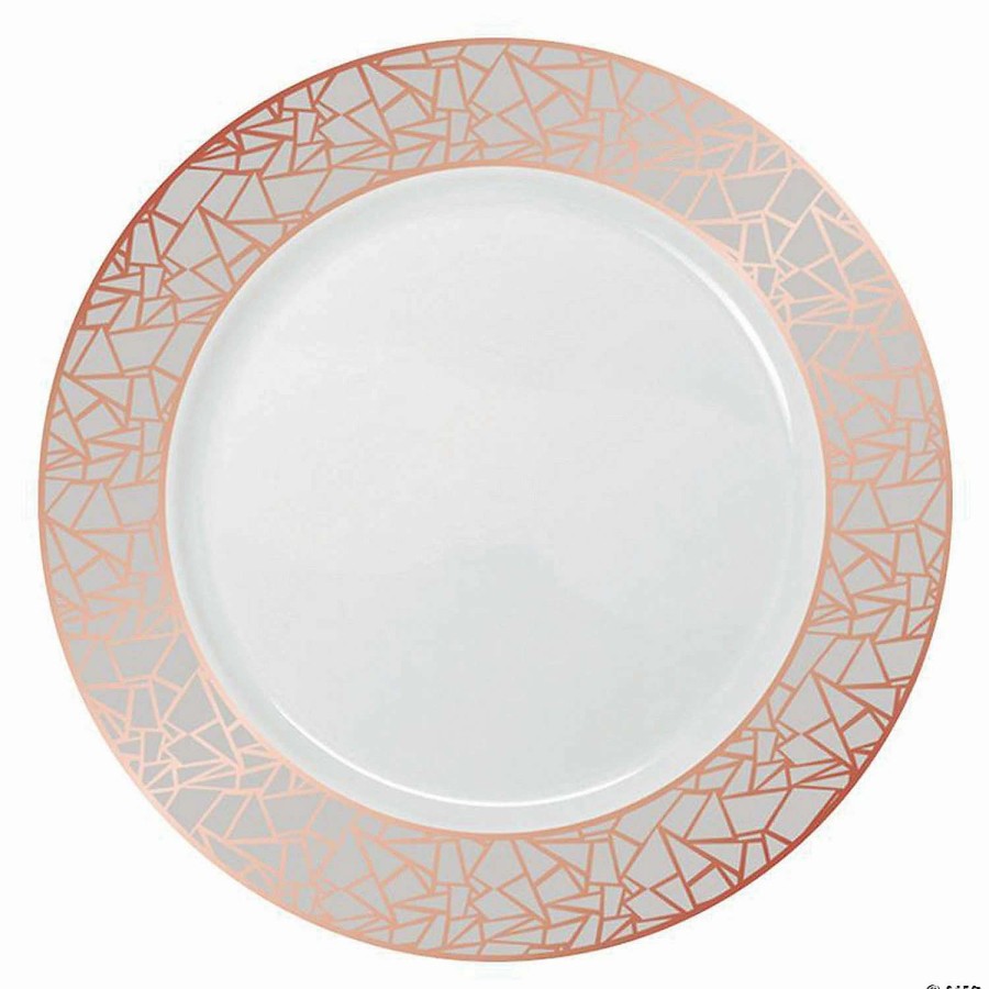 Party Plates * | Brand New Kaya Collection 7.5 White With Silver And Rose Gold Mosaic Rim Round Plastic Appetizer/Salad Plates (120 Plates)