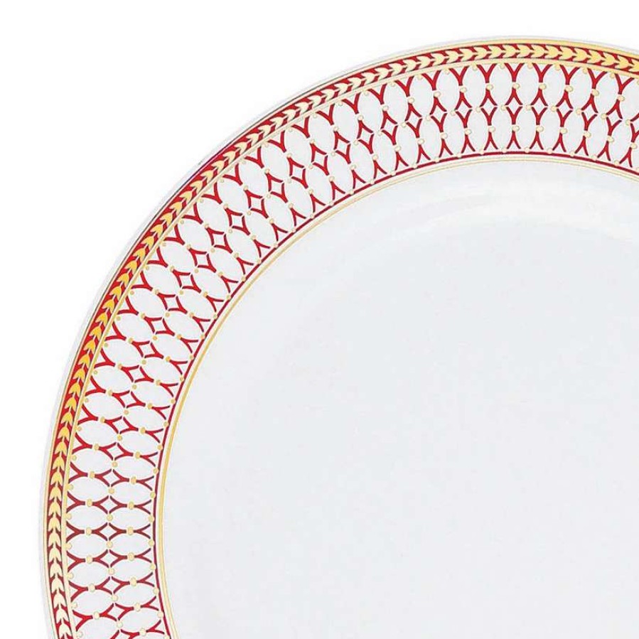 Party Plates * | Outlet 10.25 White With Red And Gold Chord Rim Plastic Dinner Plates (40 Plates)