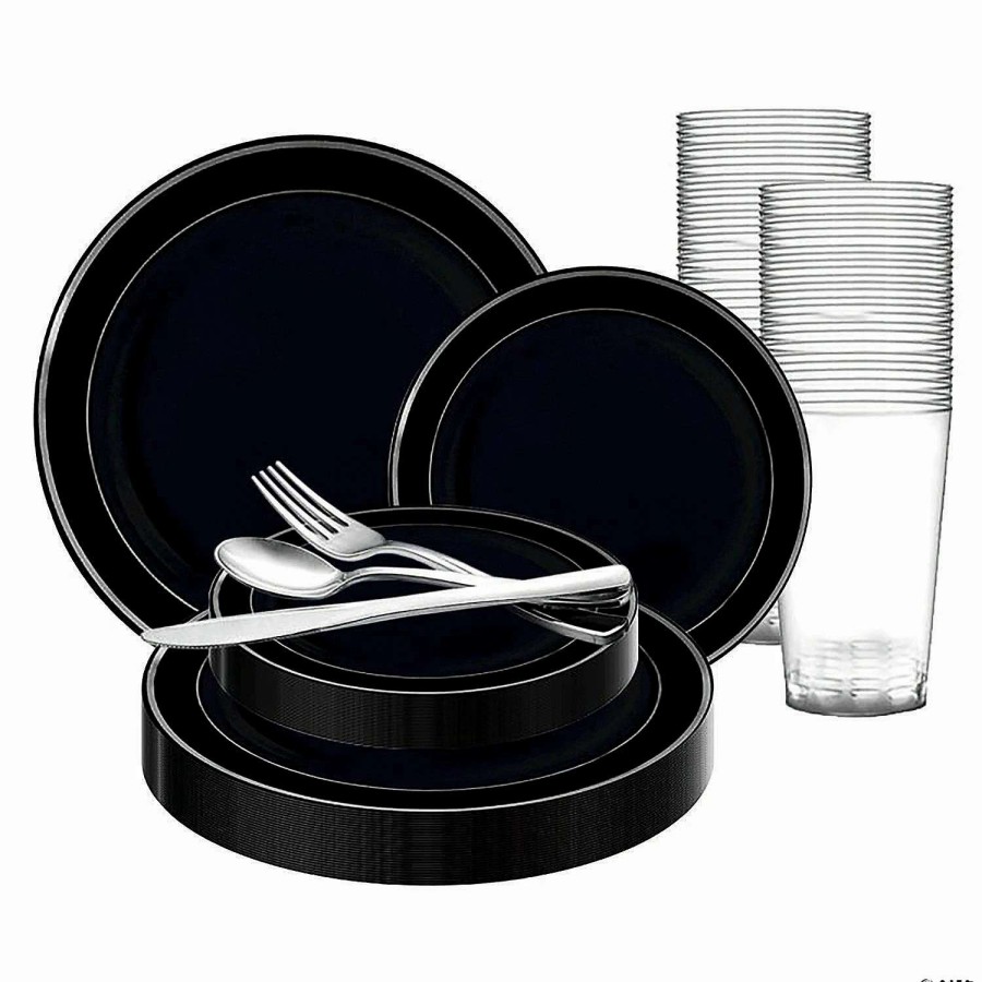 Bowls * | Best Pirce Black With Silver Edge Rim Plastic Dinnerware Value Set (20 Settings)