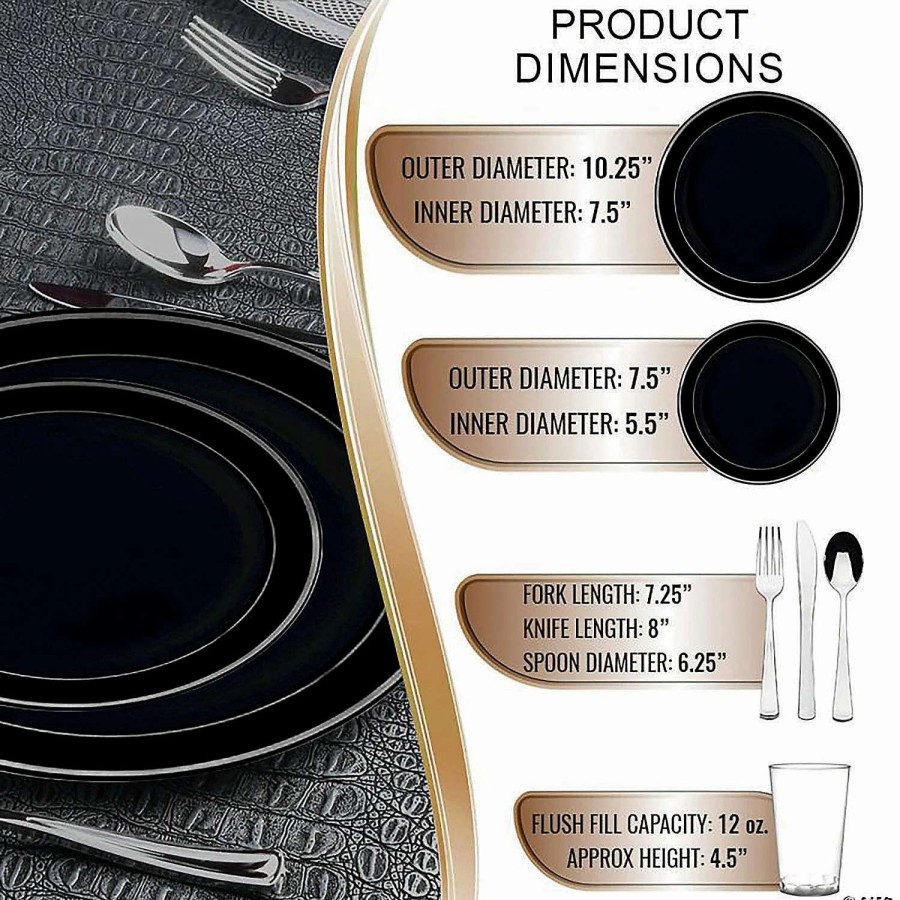 Bowls * | Best Pirce Black With Silver Edge Rim Plastic Dinnerware Value Set (20 Settings)