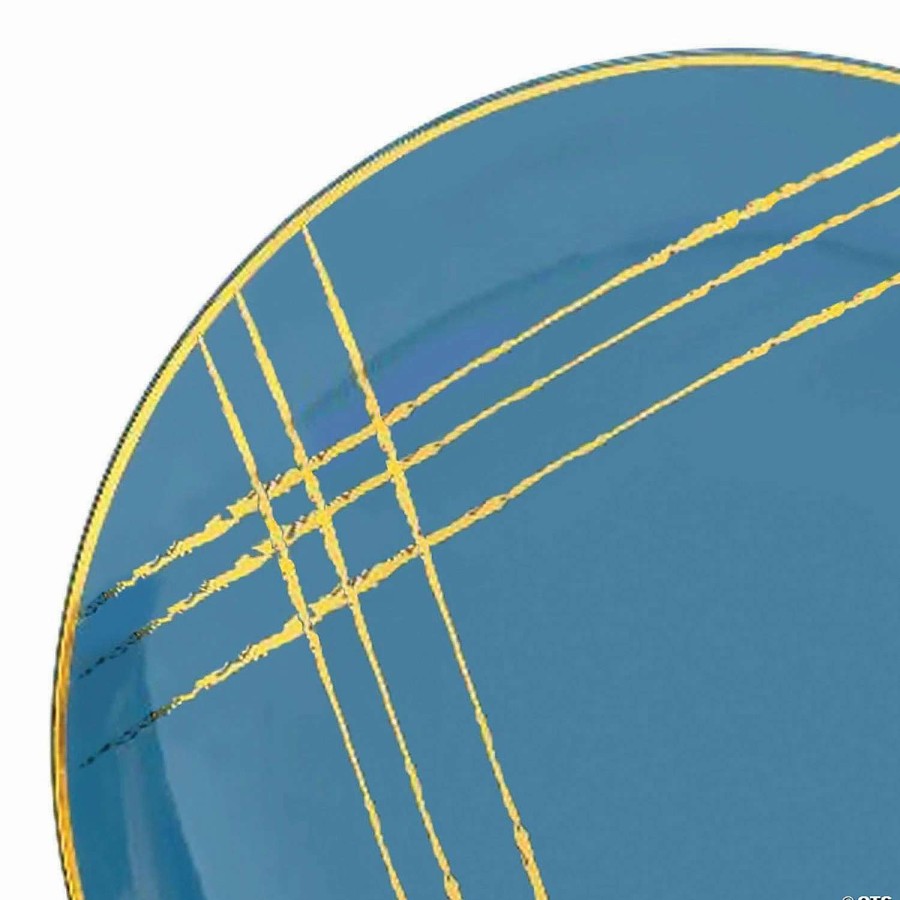 Party Plates * | Promo Premium 10.25 Blue With Gold Brushstroke Round Disposable Plastic Dinner Plates (120 Plates)