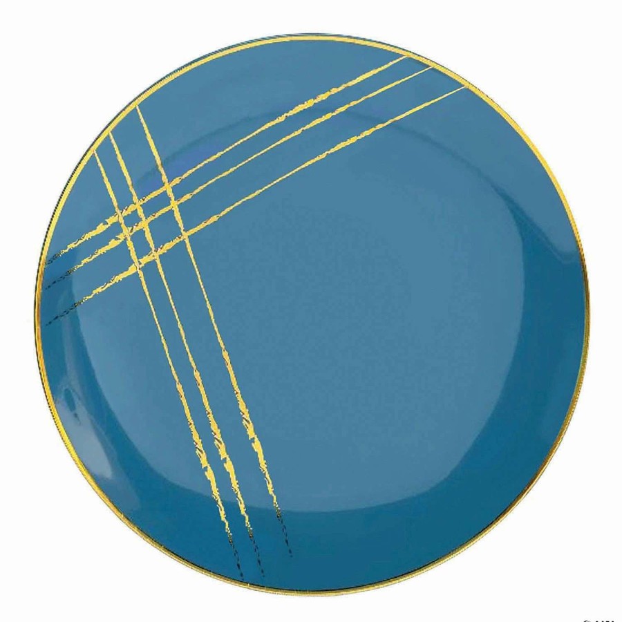 Party Plates * | Promo Premium 10.25 Blue With Gold Brushstroke Round Disposable Plastic Dinner Plates (120 Plates)