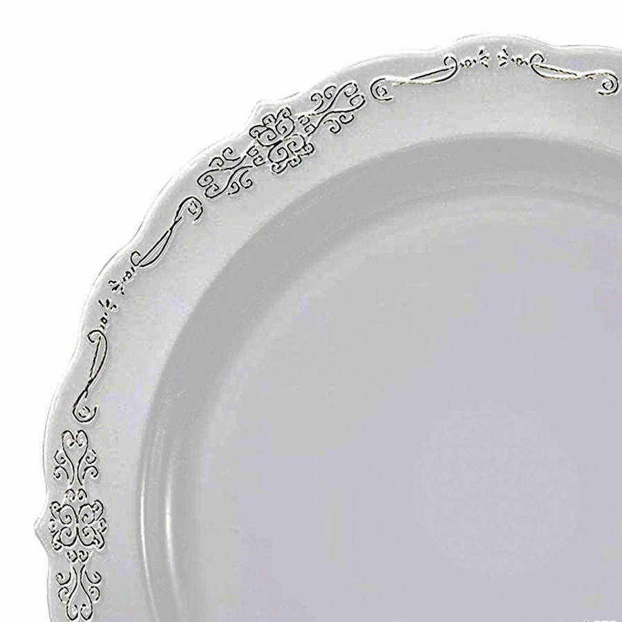 Party Plates * | Promo Premium 10 Clear With Silver Vintage Rim Round Disposable Plastic Dinner Plates (120 Plates)