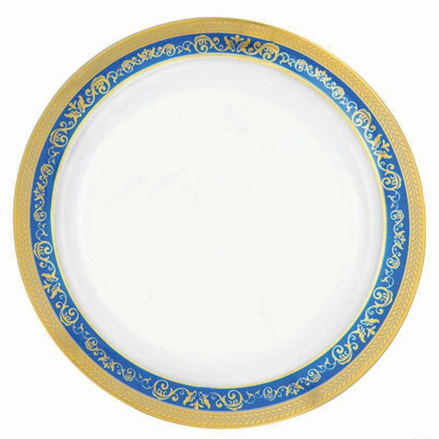 Party Plates * | Top 10 Kaya Collection 10.25 White With Blue And Gold Royal Rim Plastic Dinner Plates (120 Plates)