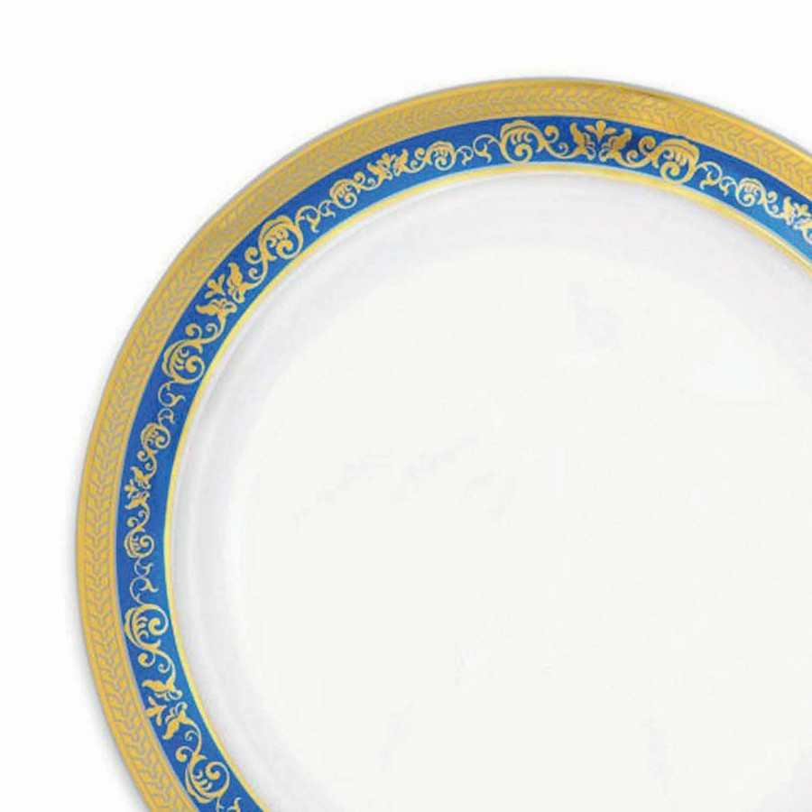 Party Plates * | Top 10 Kaya Collection 10.25 White With Blue And Gold Royal Rim Plastic Dinner Plates (120 Plates)