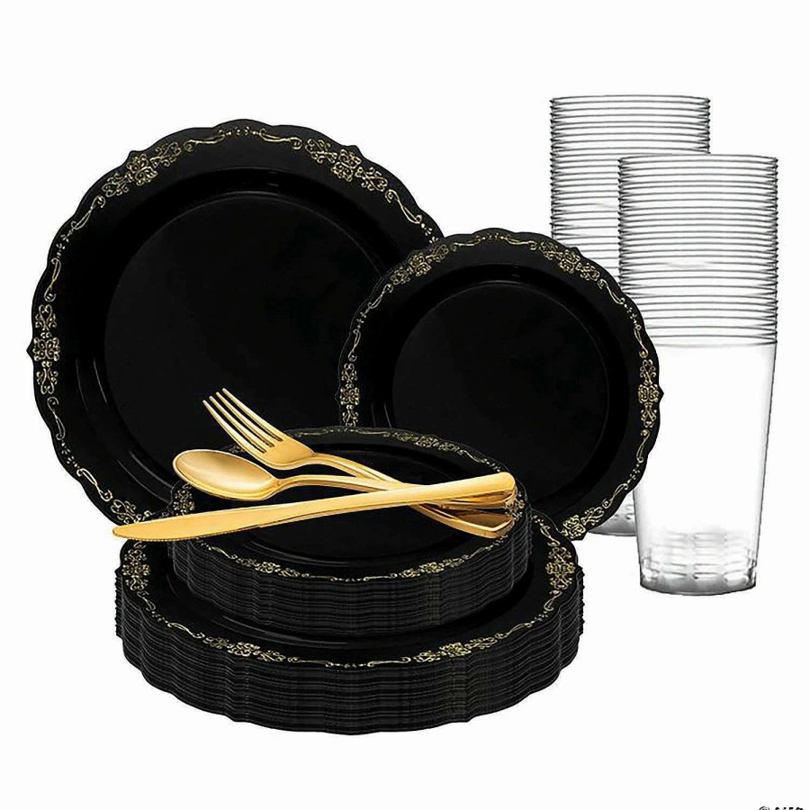 Bowls * | Coupon Black With Gold Vintage Rim Round Disposable Plastic Dinnerware Value Set (120 Settings)