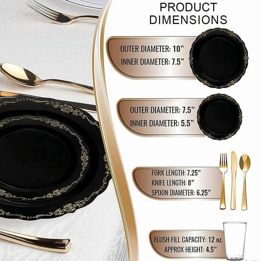 Bowls * | Coupon Black With Gold Vintage Rim Round Disposable Plastic Dinnerware Value Set (120 Settings)