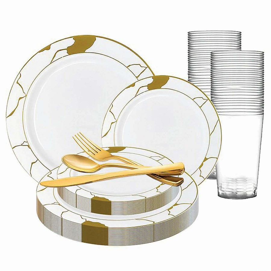 Bowls * | Discount White With Gold Marble Disposable Plastic Dinnerware Value Set (120 Settings)