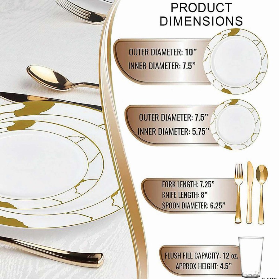 Bowls * | Discount White With Gold Marble Disposable Plastic Dinnerware Value Set (120 Settings)