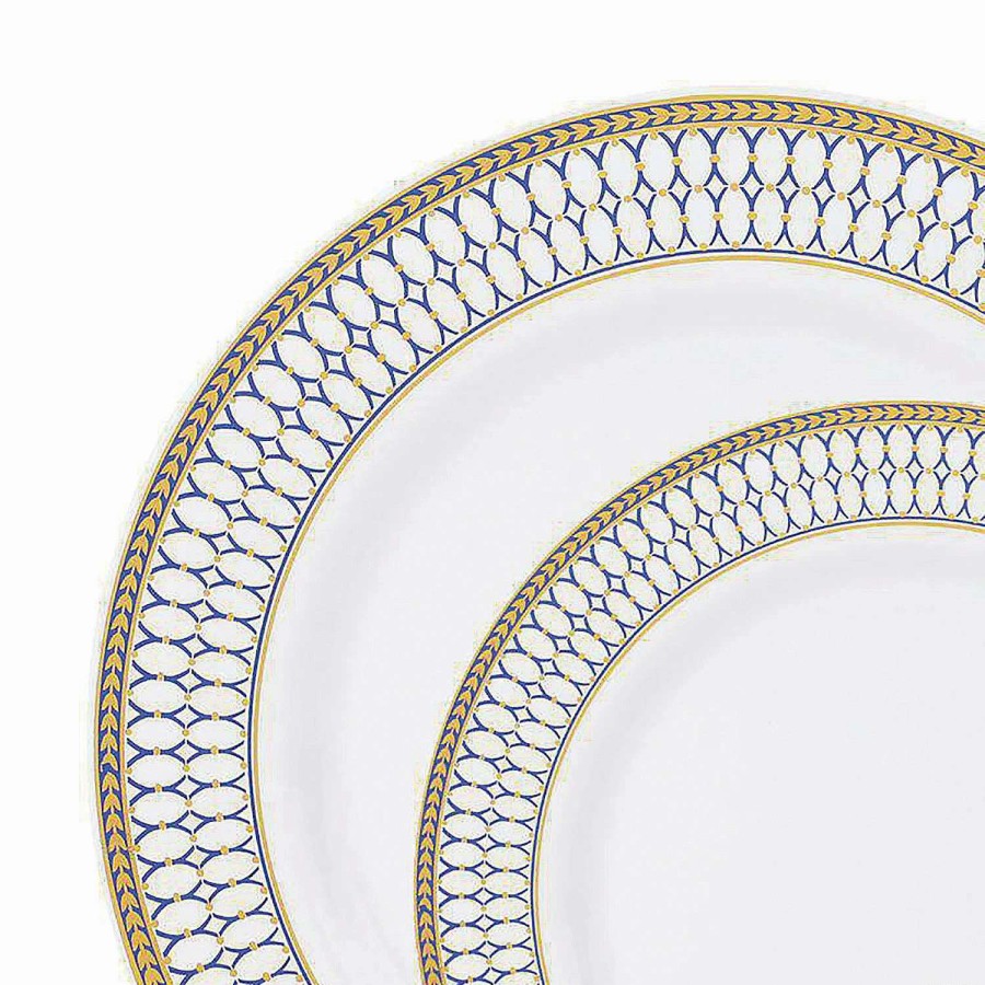 Party Plates * | Wholesale White With Blue And Gold Chord Rim Plastic Dinnerware Value Set (40 Dinner Plates + 40 Salad Plates)