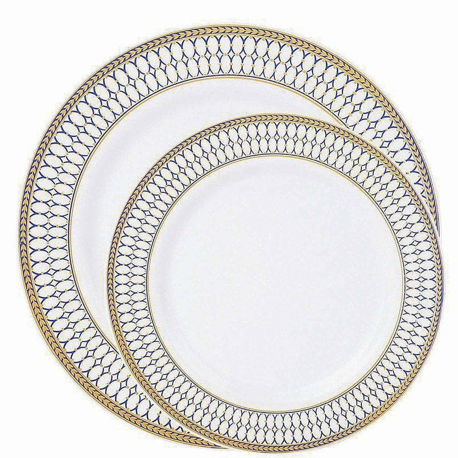 Party Plates * | Wholesale White With Blue And Gold Chord Rim Plastic Dinnerware Value Set (40 Dinner Plates + 40 Salad Plates)