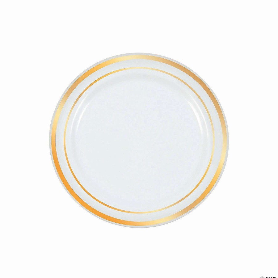 Party Plates * | Flash Sale Premium White Plastic Dessert Plates With Metallic Trim 25 Ct.