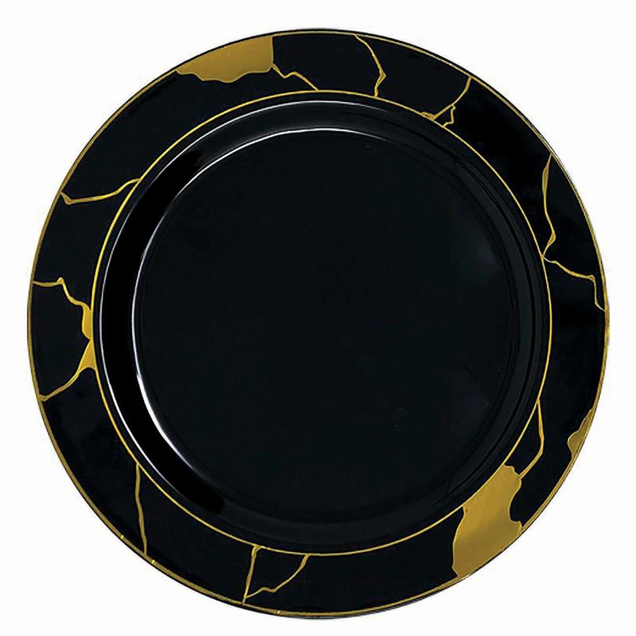 Party Plates * | New 10 Black With Gold Marble Disposable Plastic Dinner Plates (50 Plates)