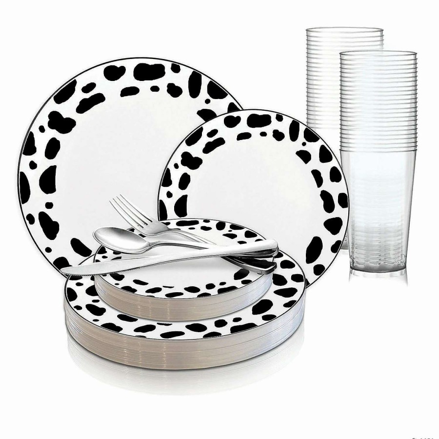 Bowls * | Cheap White With Black Dalmatian Spots Round Disposable Plastic Dinnerware Value Set (20 Settings)