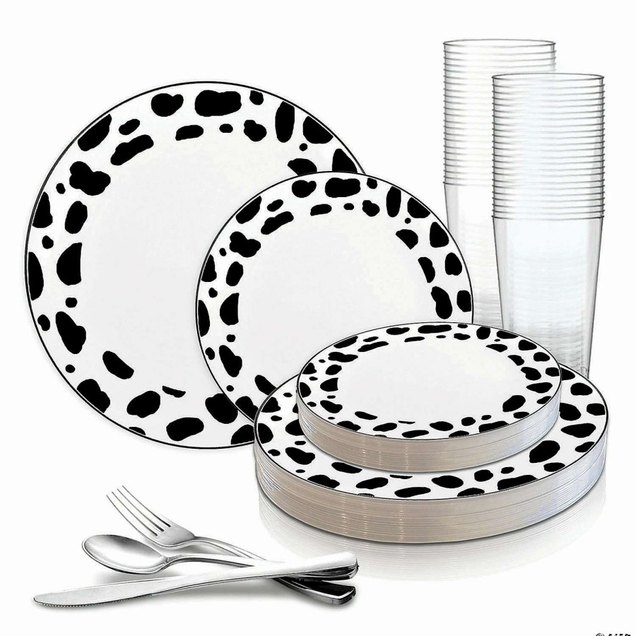 Bowls * | Cheap White With Black Dalmatian Spots Round Disposable Plastic Dinnerware Value Set (20 Settings)