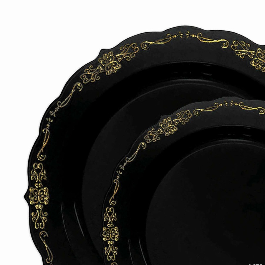 Party Plates * | Best Sale Black With Gold Vintage Rim Round Disposable Plastic Dinnerware Value Set (40 Dinner Plates + 40 Salad Plates)