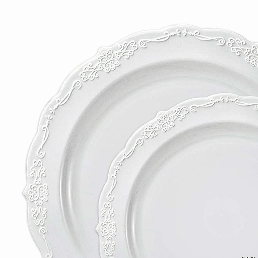 Party Plates * | Outlet White Vintage Round Disposable Plastic Dinnerware Value Set (40 Dinner Plates + 40 Salad Plates)