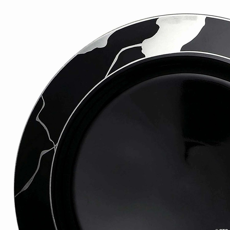 Party Plates * | New 10 Black With Silver Marble Disposable Plastic Dinner Plates (50 Plates)