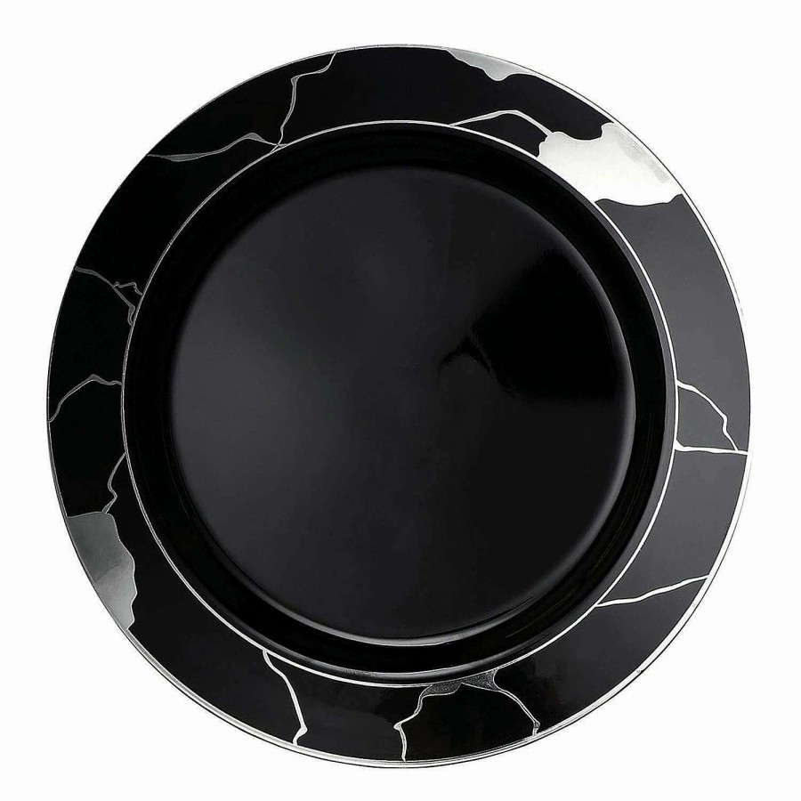 Party Plates * | New 10 Black With Silver Marble Disposable Plastic Dinner Plates (50 Plates)