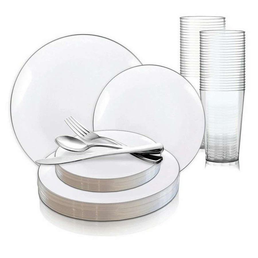 Party Plates * | Best Deal White With Silver Rim Organic Round Disposable Plastic Dinnerware Value Set (120 Settings)