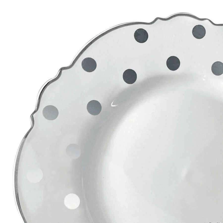 Party Plates * | Top 10 7.5 White With Silver Dots Round Blossom Disposable Plastic Salad Plates (90 Plates)