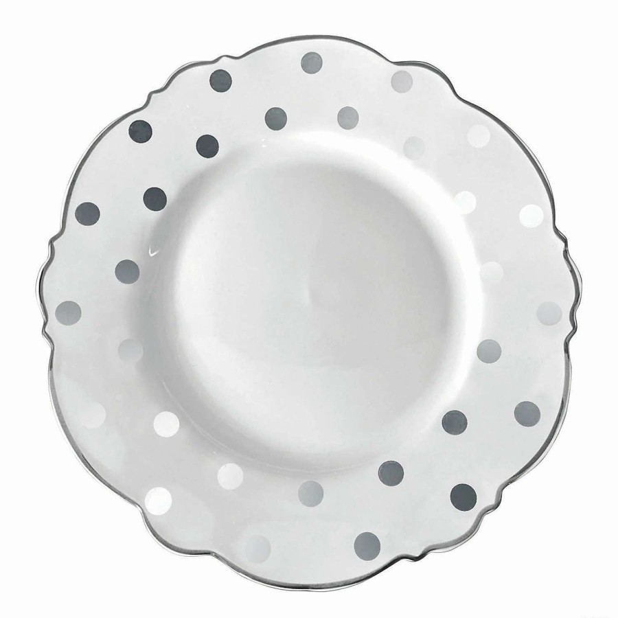 Party Plates * | Top 10 7.5 White With Silver Dots Round Blossom Disposable Plastic Salad Plates (90 Plates)