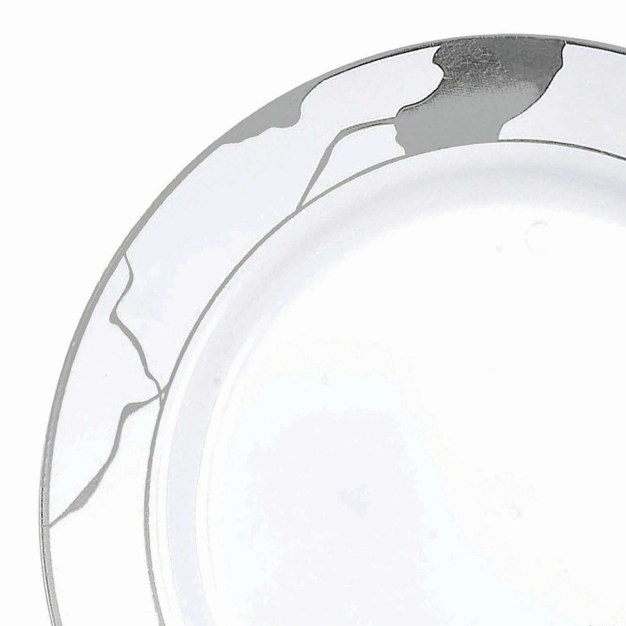 Party Plates * | Wholesale 10 White With Silver Marble Disposable Plastic Dinner Plates (50 Plates)